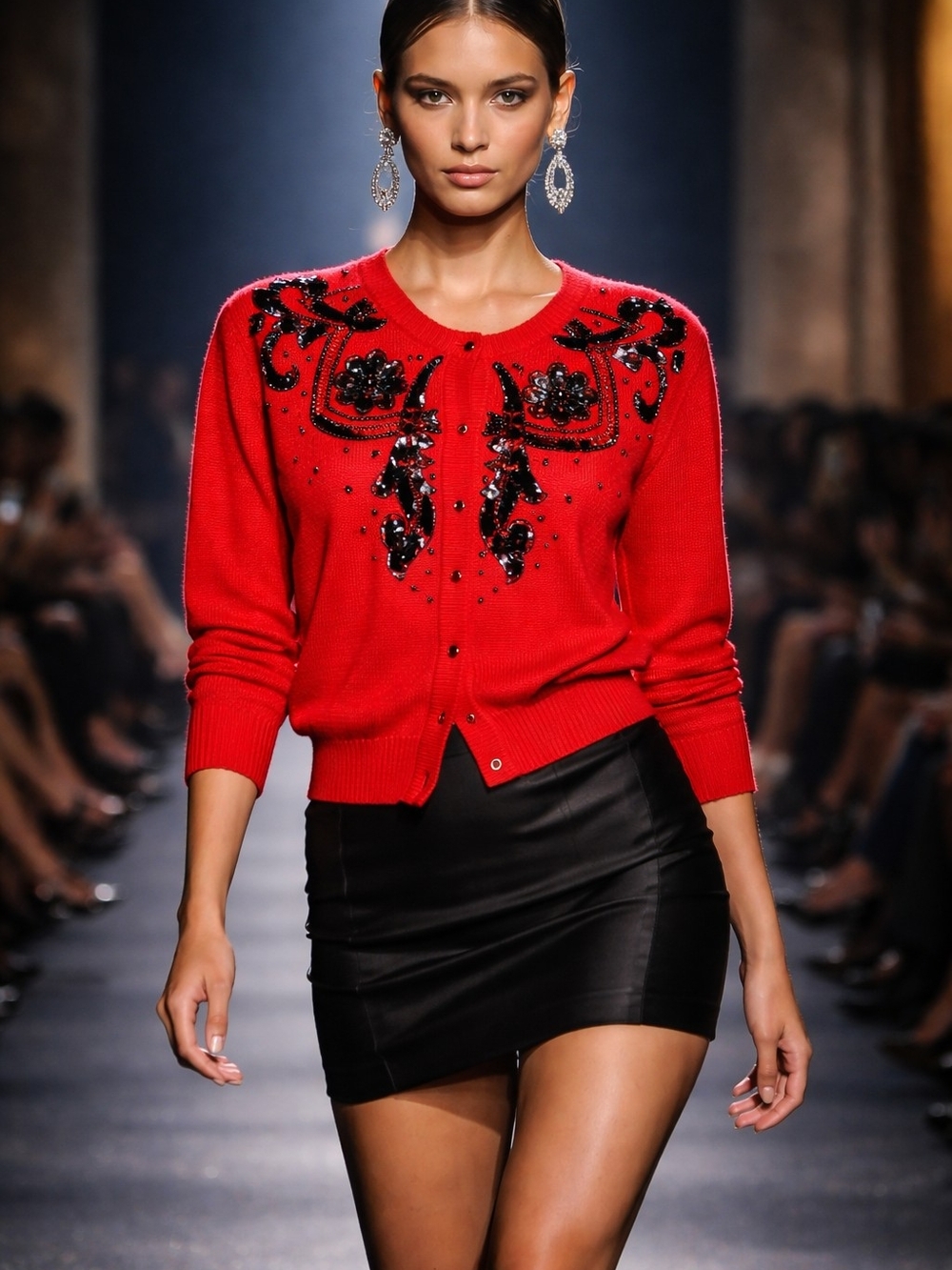 Embellished Red Crewneck Cardigan - Elegant Bead Detail